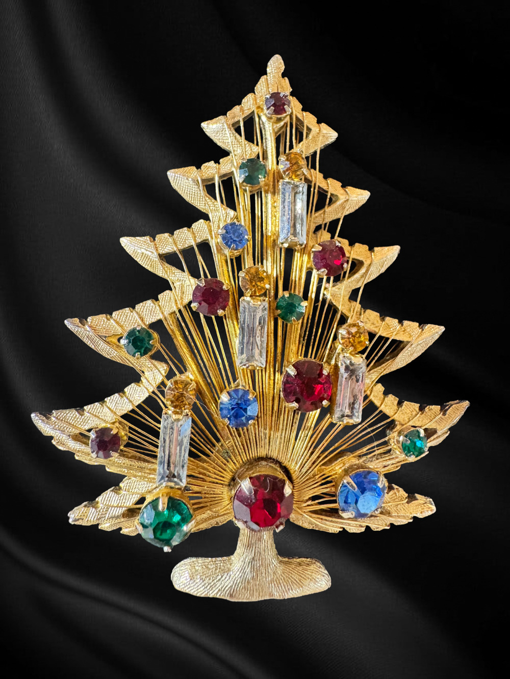 Vintage Brooks Christmas Tree Pin Brooch Harp Wire Signed Rhinestone MCM 50s-60s